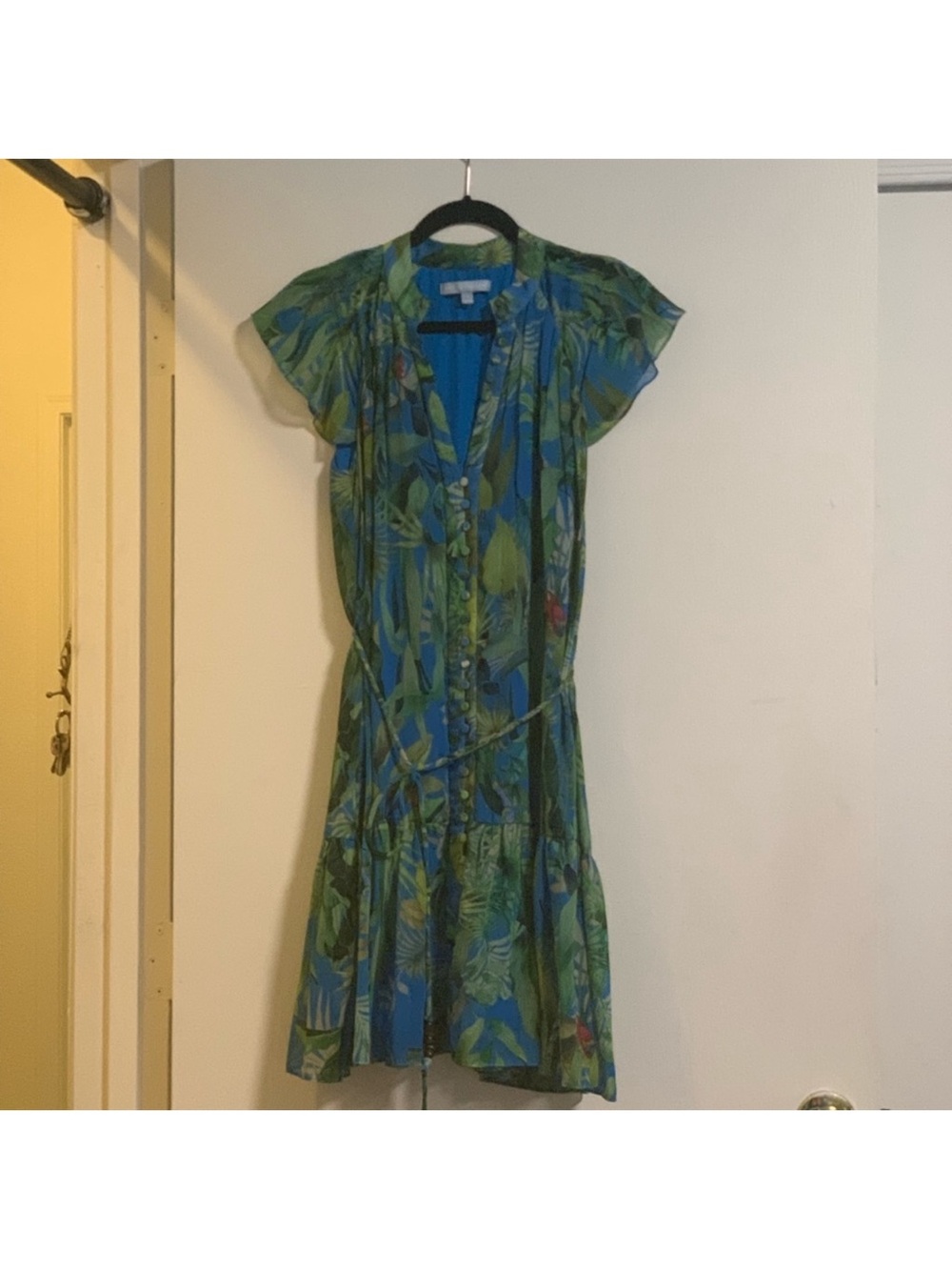 ANTONIO MELANI Blue and Green Tropical Print Tiered Dress - Picture 2 of 11